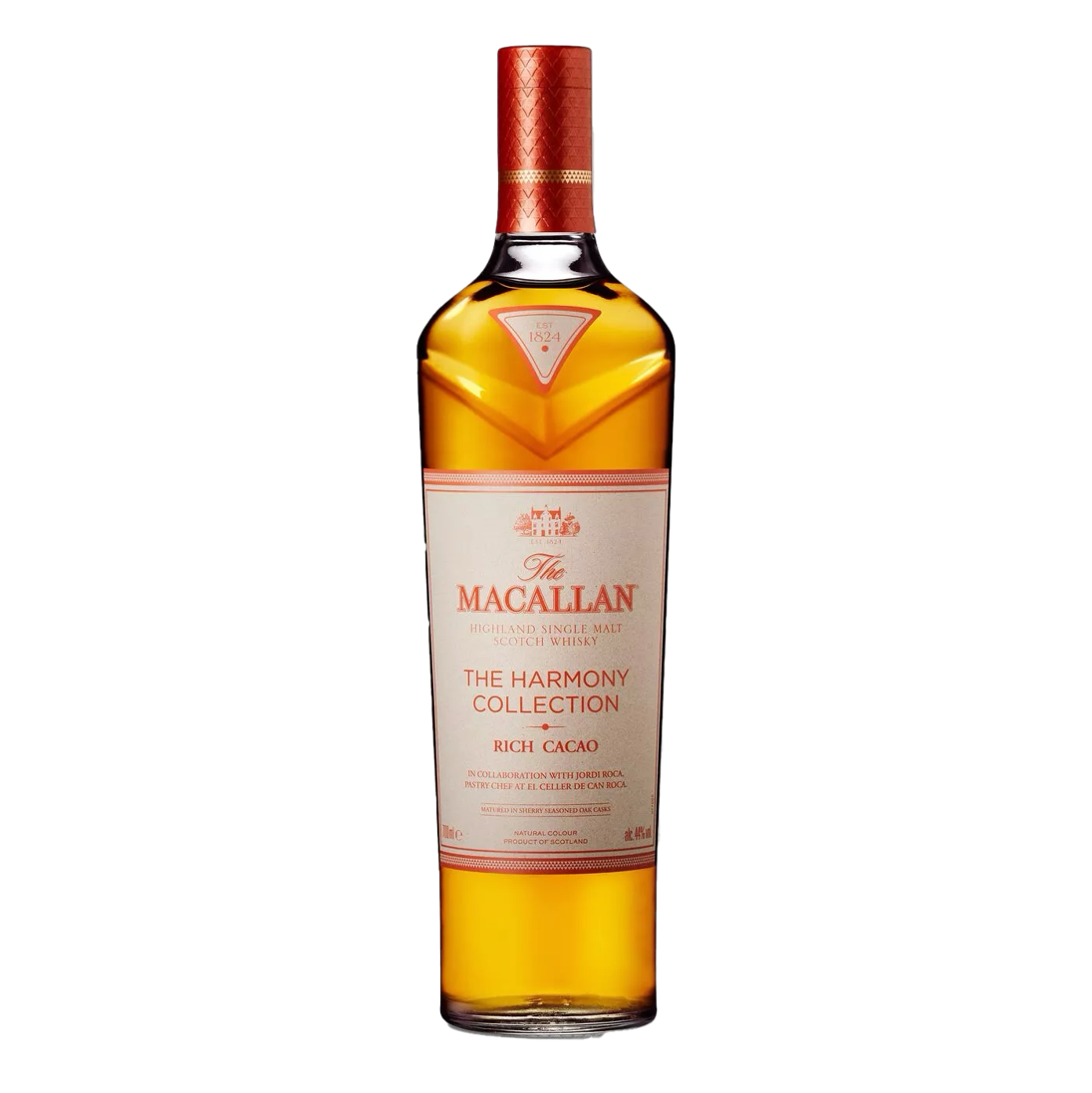A bottle of The Macallan Harmony Collection Rich Cacao Single Malt Scotch Whisky with gold liquid, a white and gold label, and a copper cap on a plain white background—ideal for chocolate whisky enthusiasts.