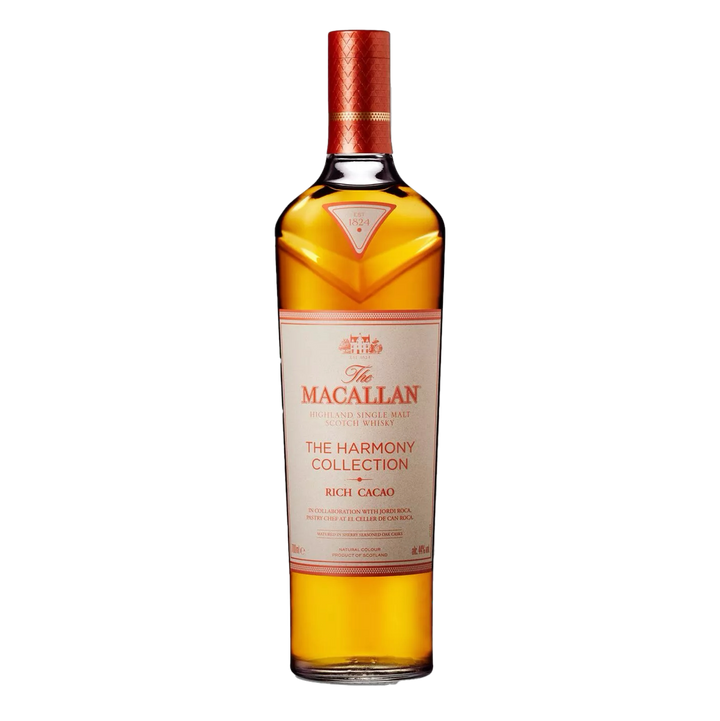 A bottle of The Macallan Harmony Collection Rich Cacao Single Malt Scotch Whisky with gold liquid, a white and gold label, and a copper cap on a plain white background—ideal for chocolate whisky enthusiasts.