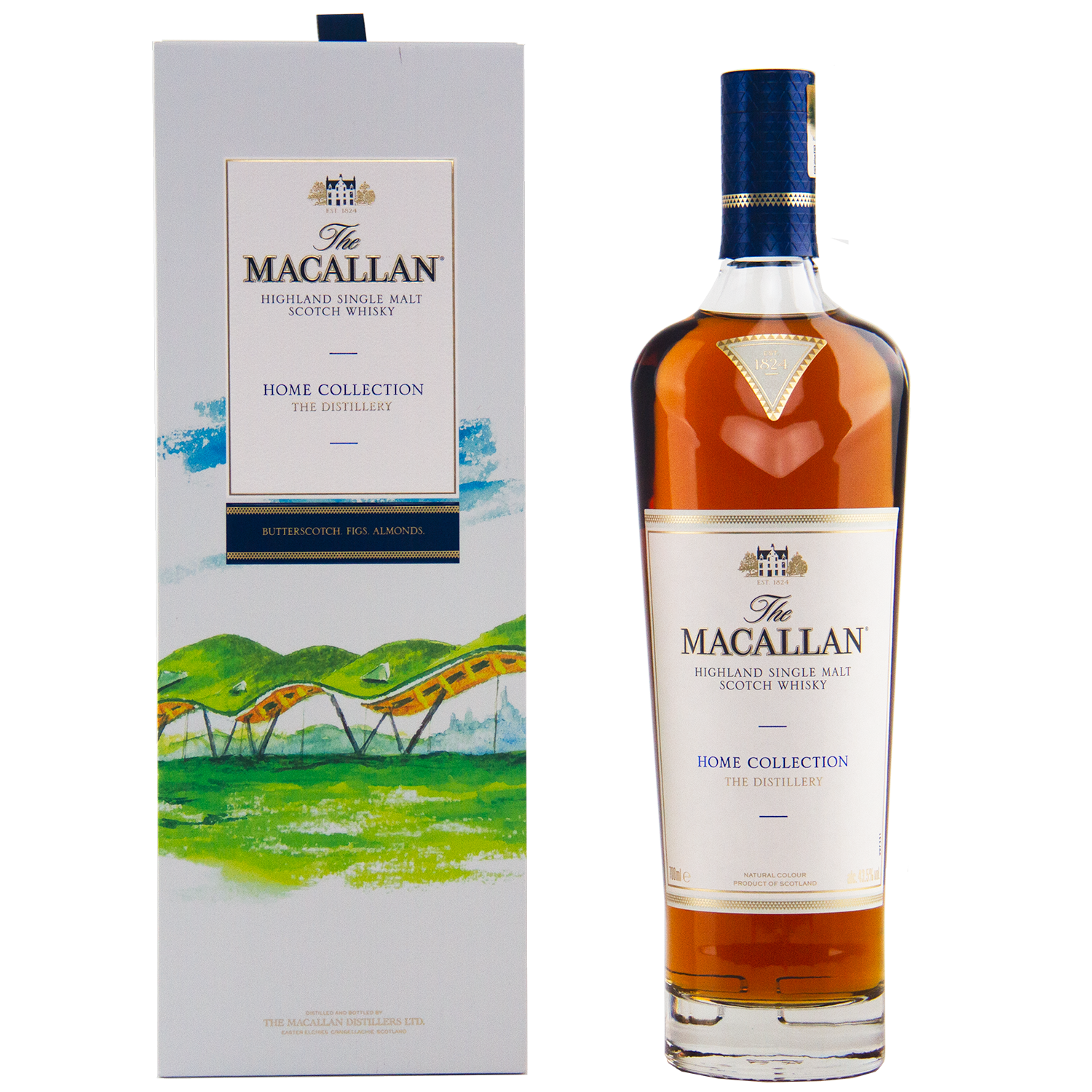 A bottle of The Macallan Home Collection The Distillery Single Malt Scotch Whisky sits beside its decorative box, adorned with green hills and an arched distillery illustration—a must-have collectible for whisky enthusiasts.