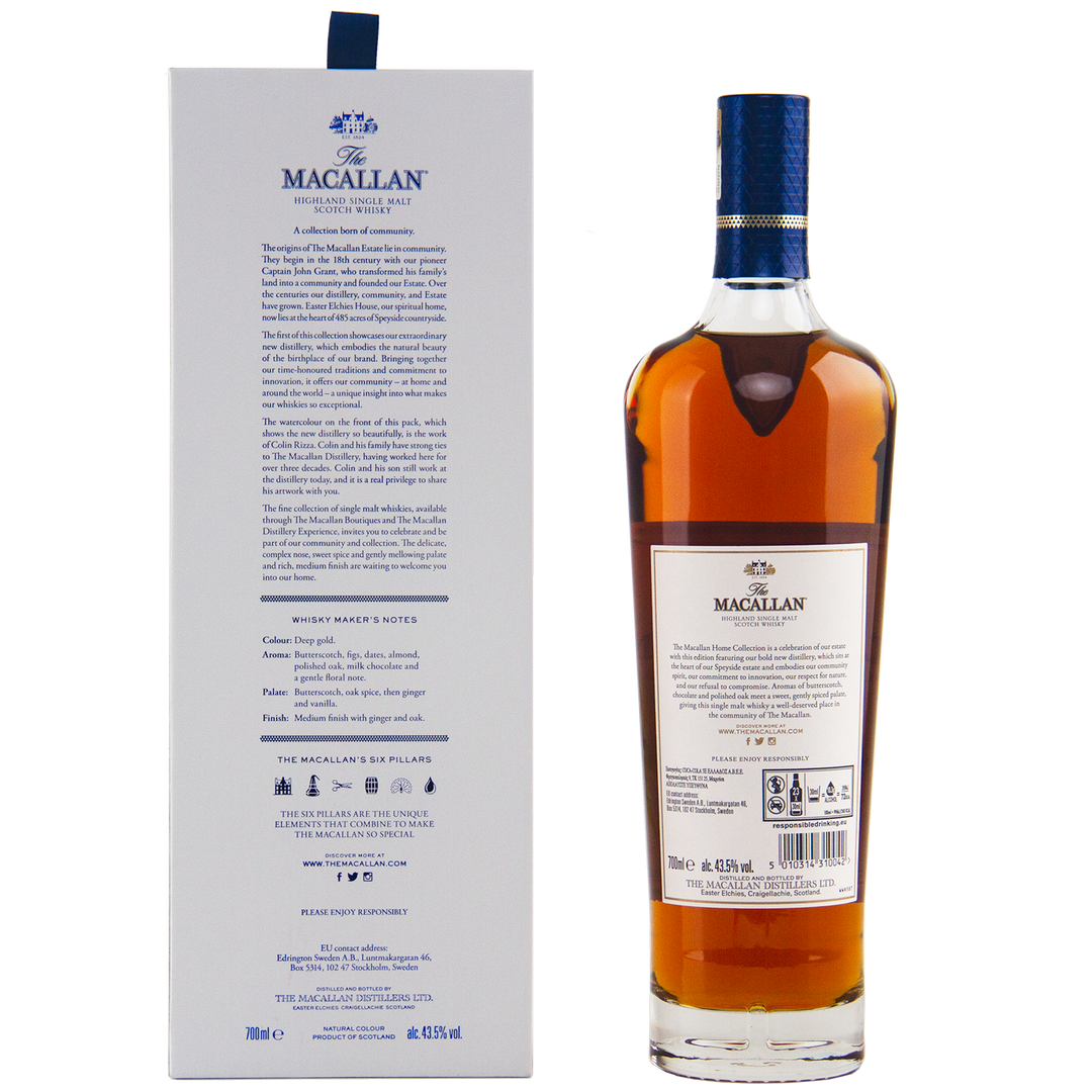 A bottle of The Macallan Home Collection The Distillery Single Malt Scotch Whisky stands beside its box, both featuring detailed text, branding, and product information in blue and gold on a white background.