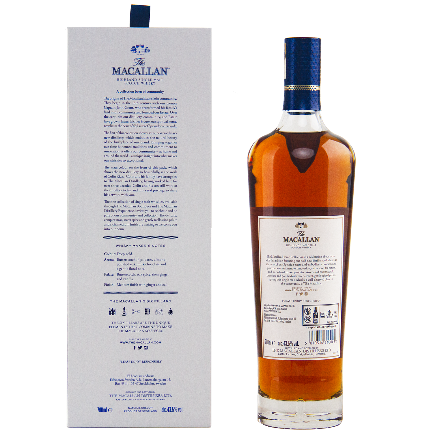 A bottle of The Macallan Home Collection The Distillery Single Malt Scotch Whisky stands beside its box, both featuring detailed text, branding, and product information in blue and gold on a white background.