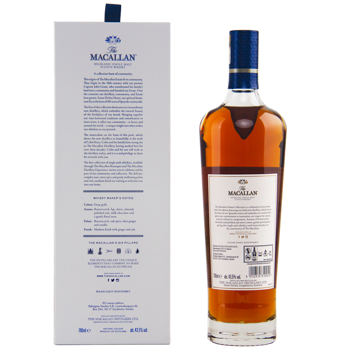 A bottle of The Macallan Home Collection The Distillery Single Malt Scotch Whisky stands beside its box, both featuring detailed text, branding, and product information in blue and gold on a white background.