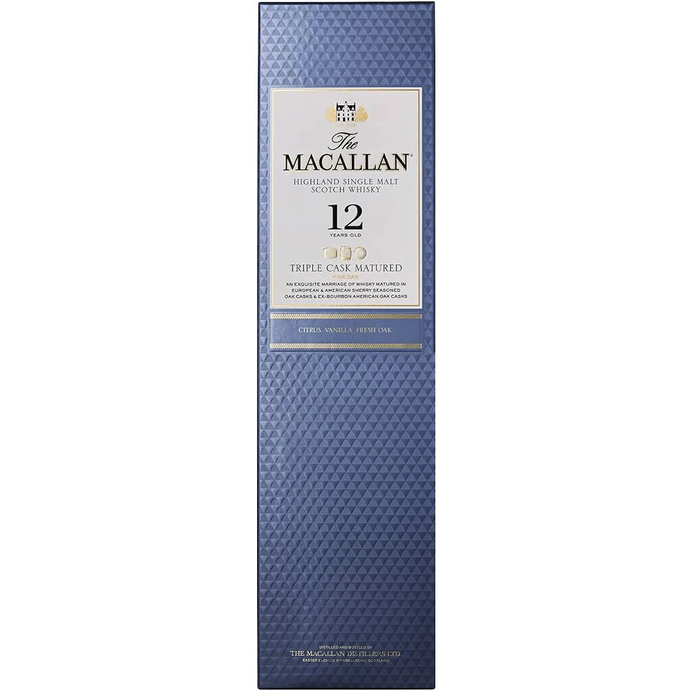 A rectangular blue box of The Macallan Triple Cask 12 Year Old Single Malt Scotch Whisky with gold and white label accents, offering tasting notes of citrus, vanilla, and fresh oak from triple cask maturation.