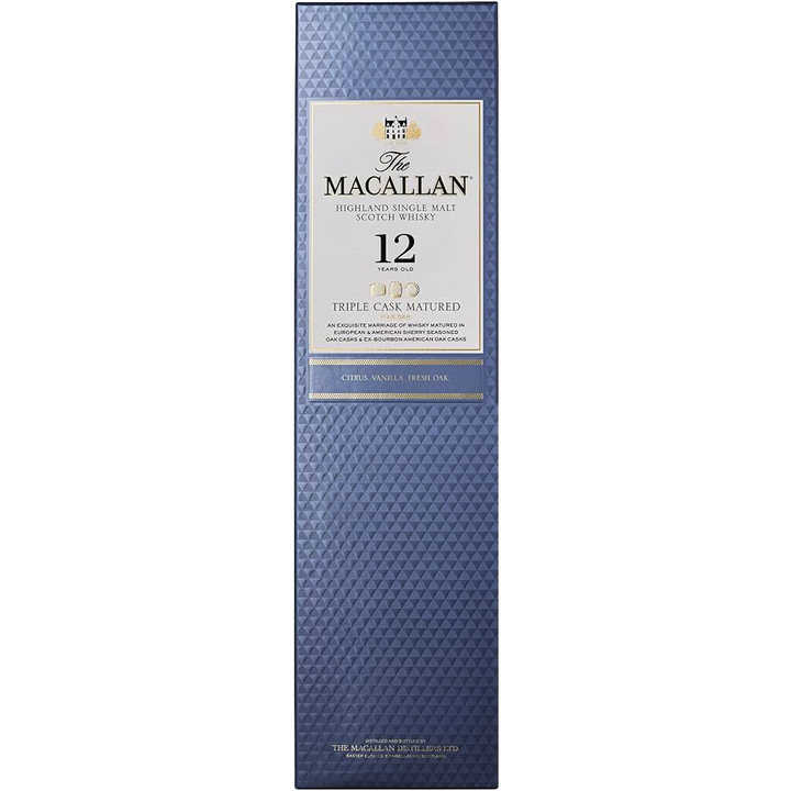 A rectangular blue box of The Macallan Triple Cask 12 Year Old Single Malt Scotch Whisky with gold and white label accents, offering tasting notes of citrus, vanilla, and fresh oak from triple cask maturation.