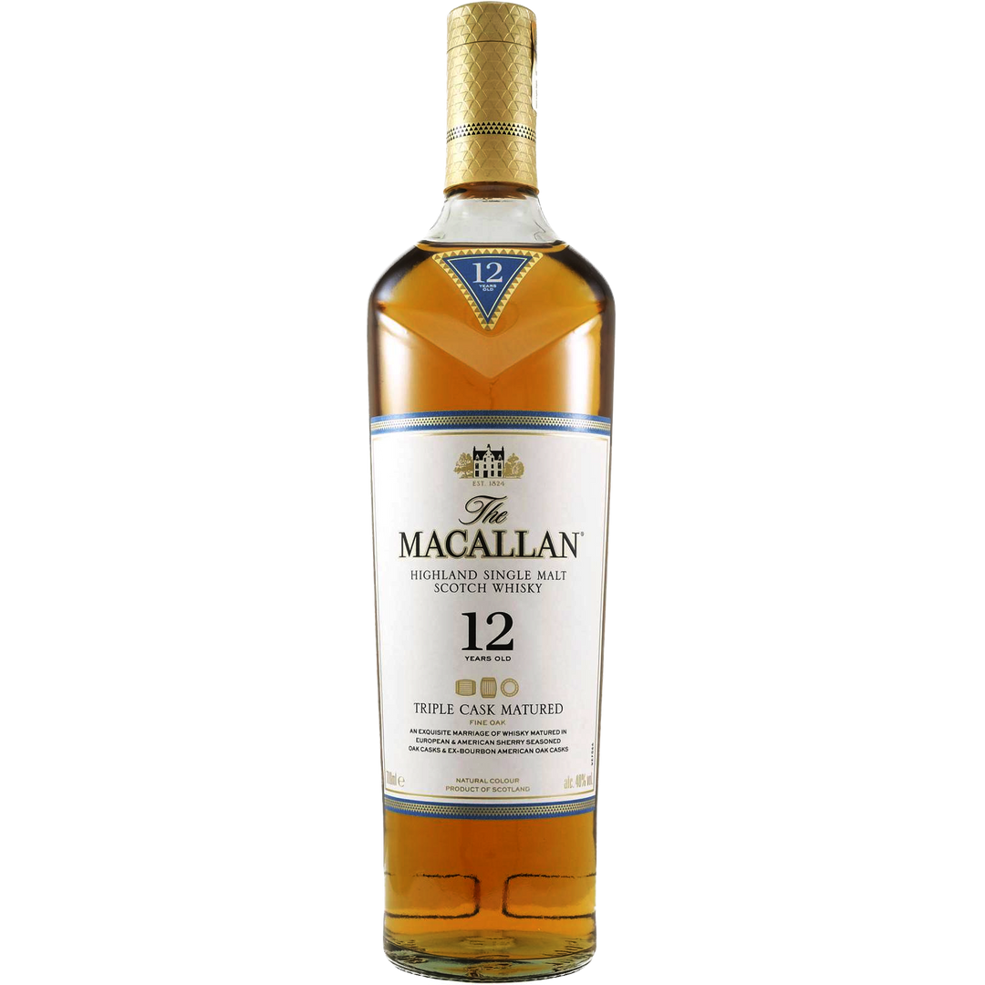 A bottle of The Macallan Triple Cask 12 Year Old Single Malt Scotch Whisky, featuring a gold and white label with a blue neck label and triple cask maturation details, is displayed against a plain white background.