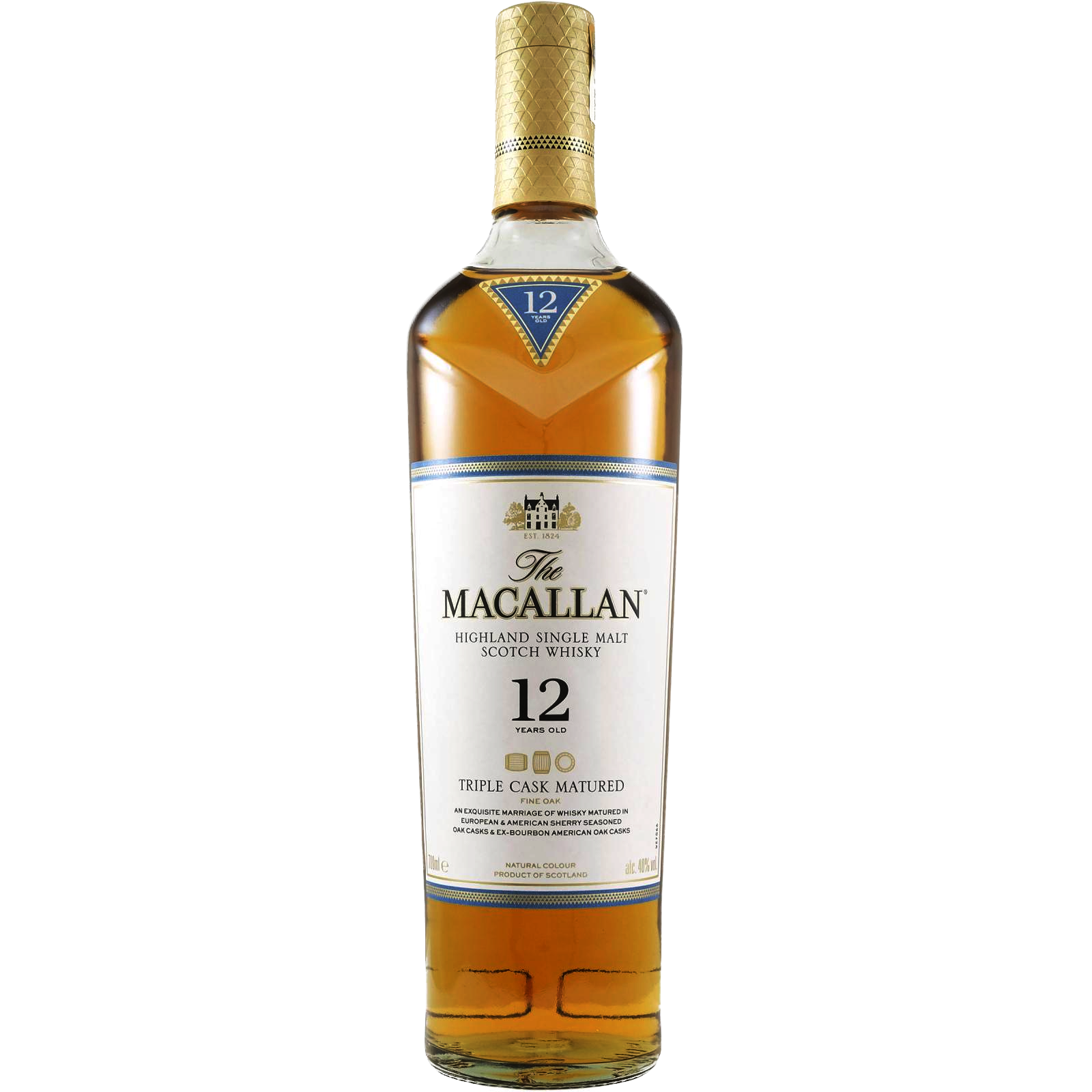 A bottle of The Macallan Triple Cask 12 Year Old Single Malt Scotch Whisky, featuring a gold and white label with a blue neck label and triple cask maturation details, is displayed against a plain white background.