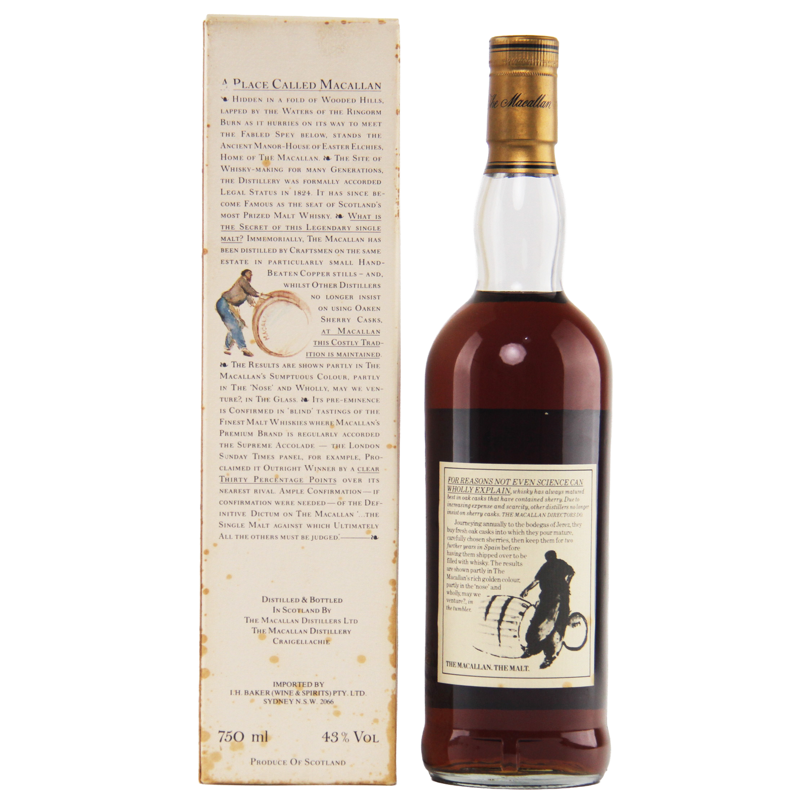 Bottle of Macallan whiskey with its box on a white background