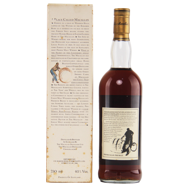 Bottle of Macallan whiskey with its box on a white background