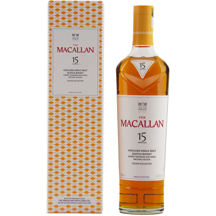 The Macallan Colour Collection 15 Year Old Highland Single Malt Scotch Whisky stands beside its patterned box, both featuring elegant white labels that highlight sherry-seasoned oak maturation and collectible appeal.