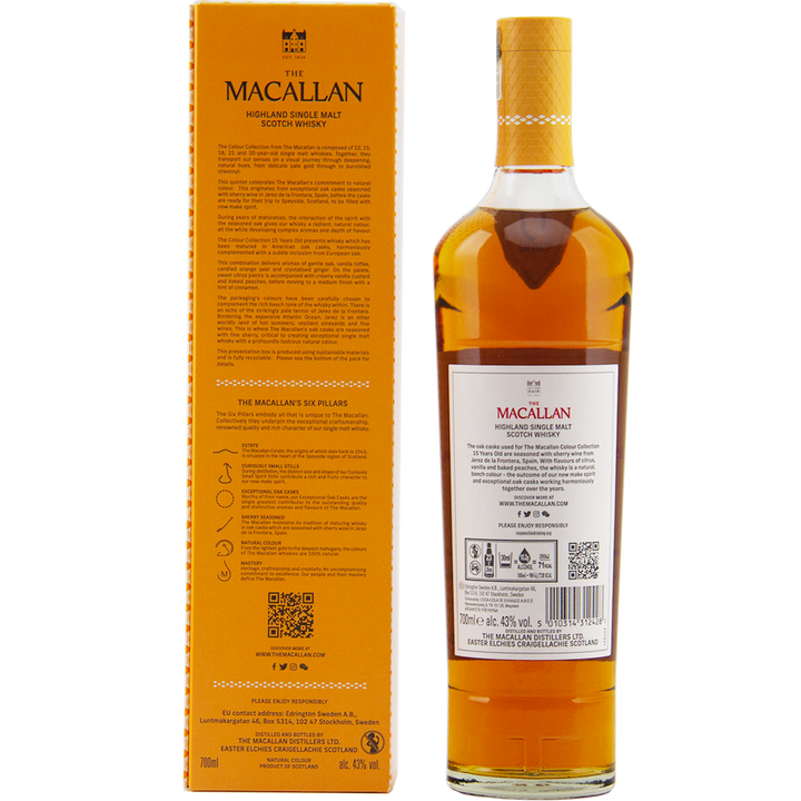 A bottle from The Macallan Colour Collection Set stands beside its orange box, emphasizing sherry-seasoned oak maturation on the label and product details on the back and side.