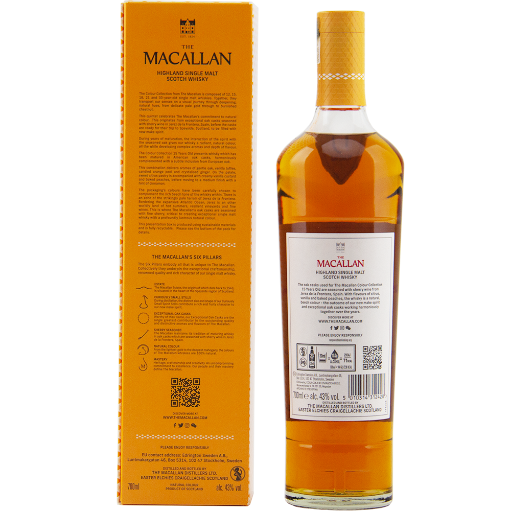 A bottle of The Macallan Colour Collection 12, 15, 18, and 21 Year Olds stands next to its tall orange box, highlighting the back label and detailed text, showcasing its sherry-seasoned oak maturation—a true collectible whisky.