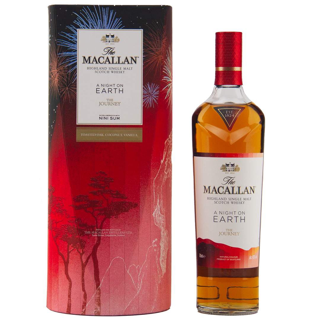 The Macallan whisky bottle and packaging with a red and white design.