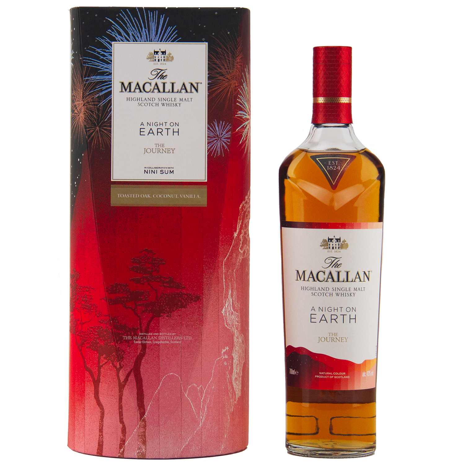The Macallan whisky bottle and packaging with a red and white design.