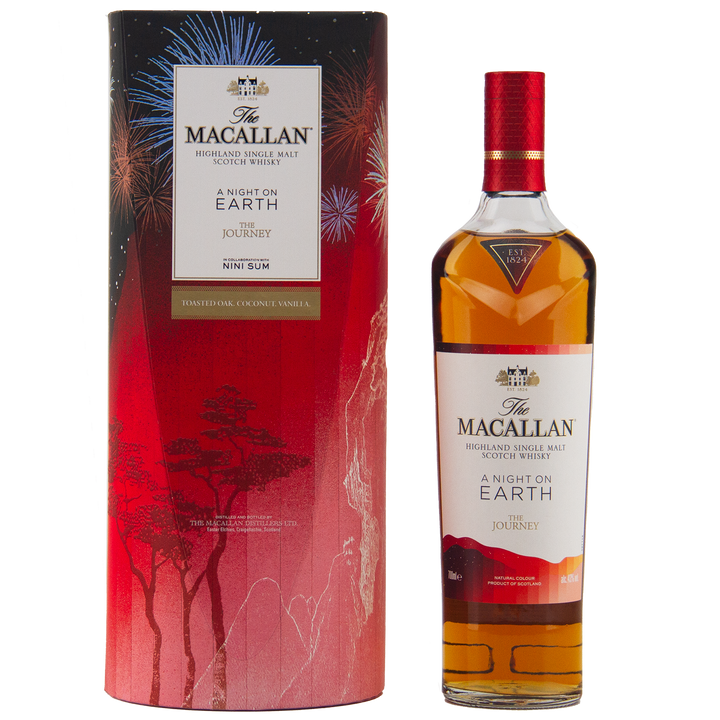 The Macallan whisky bottle and packaging with a red and white design.