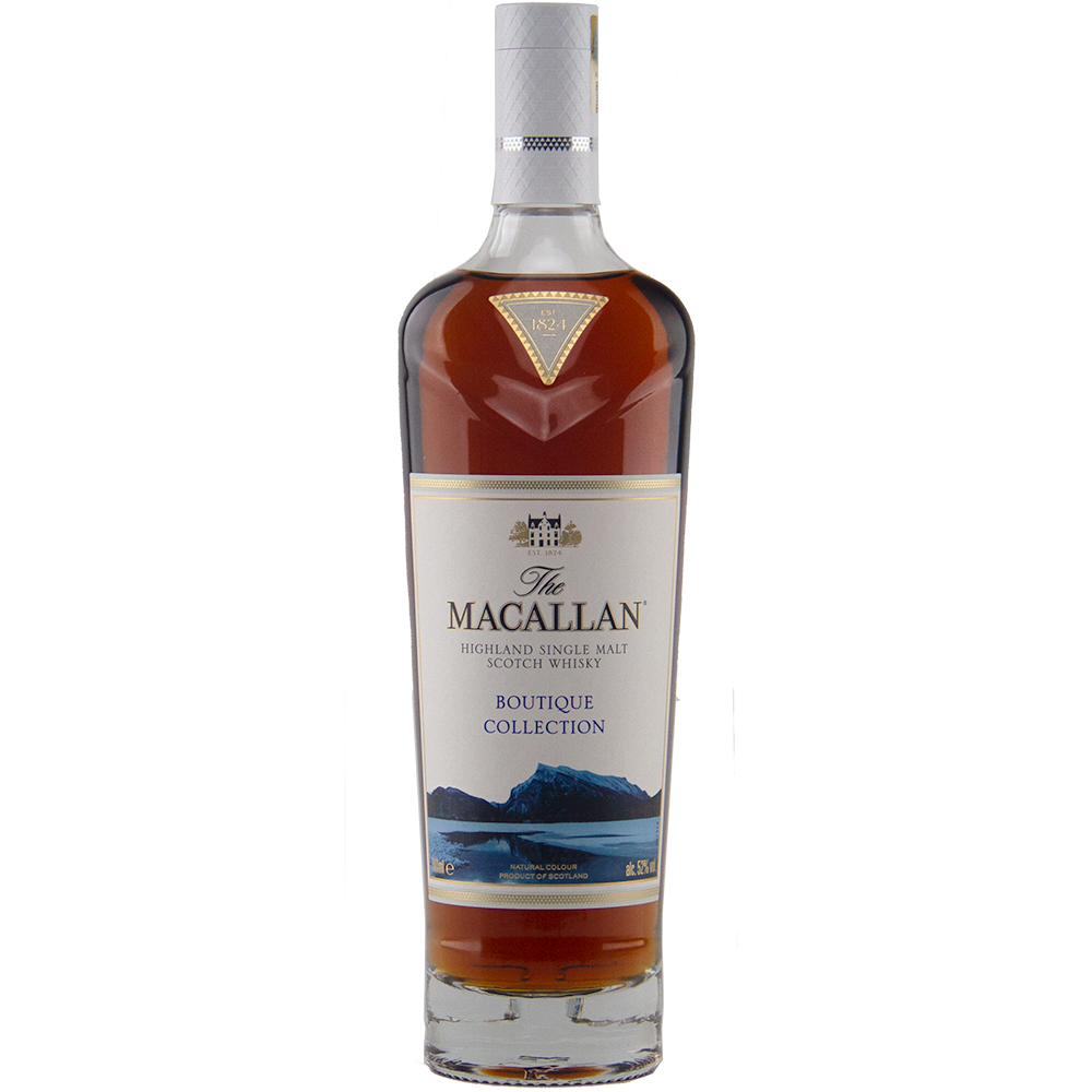 The Macallan Boutique Collection 2019 Release Single Malt Whisky features amber liquid and a label with blue mountains and gold accents, crafted exclusively for travel retail.
