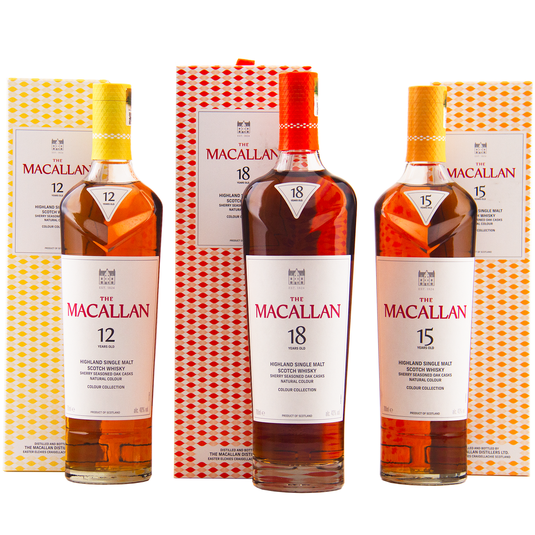 The Macallan Colour Collection 12, 15, and 18 Year Olds are displayed with patterned boxes on a white background. Each collectible whisky, matured in sherry-seasoned oak casks, features a distinct colored cap and matching box design.