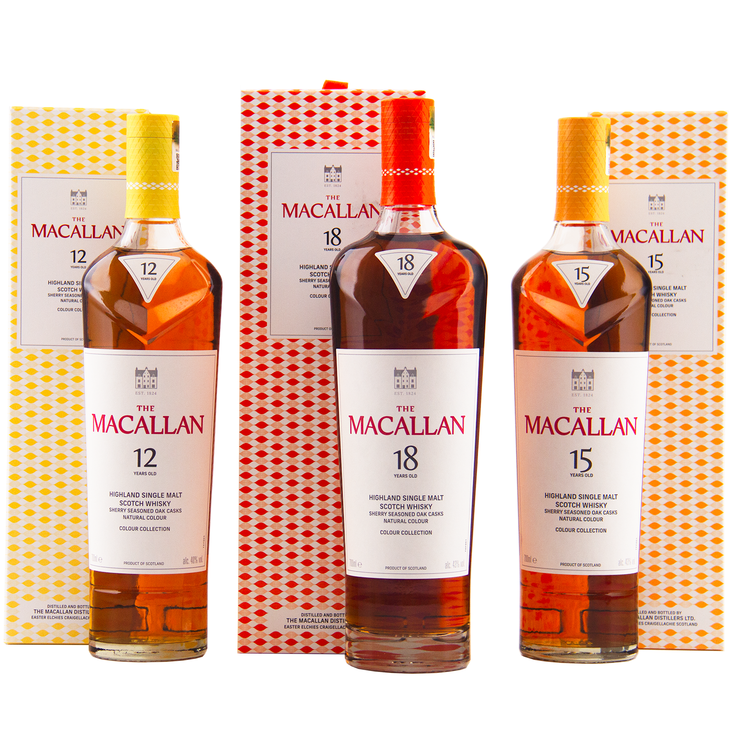 The Macallan Colour Collection 12, 15, and 18 Year Olds are displayed with patterned boxes on a white background. Each collectible whisky, matured in sherry-seasoned oak casks, features a distinct colored cap and matching box design.