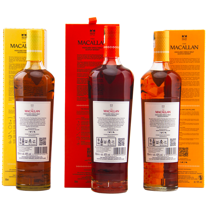 The Macallan Colour Collection 12, 15, 18, and 21 Year Olds are displayed with their yellow, red, and orange boxes from the back, highlighting sherry-seasoned oak maturation on a crisp white background.