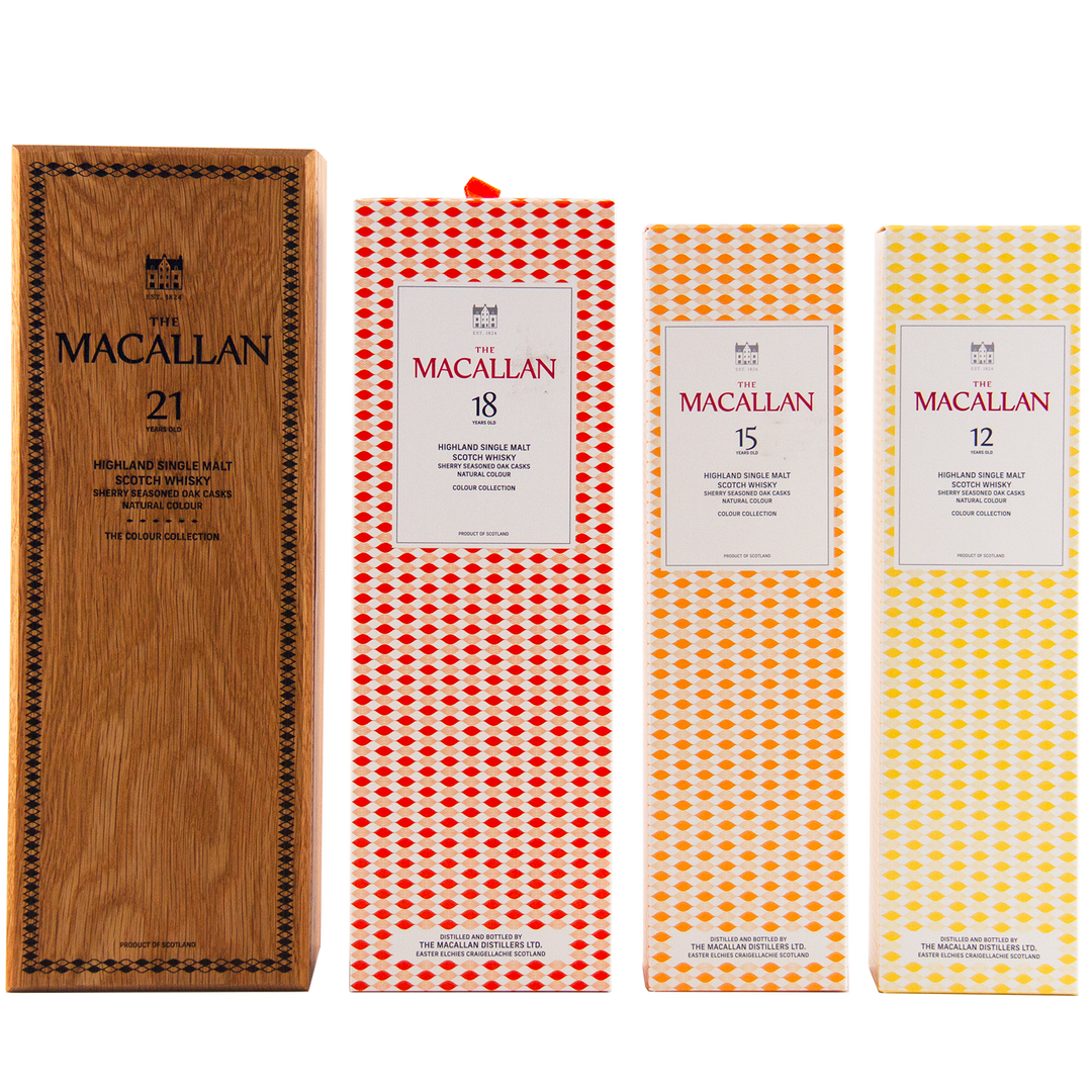The Macallan Colour Collection 12, 15, 18, and 21 Year Olds: four sherry oak-matured whiskies in collectible boxes with unique branding—21 in wood, plus red (18), orange (15), and yellow (12) patterned designs.