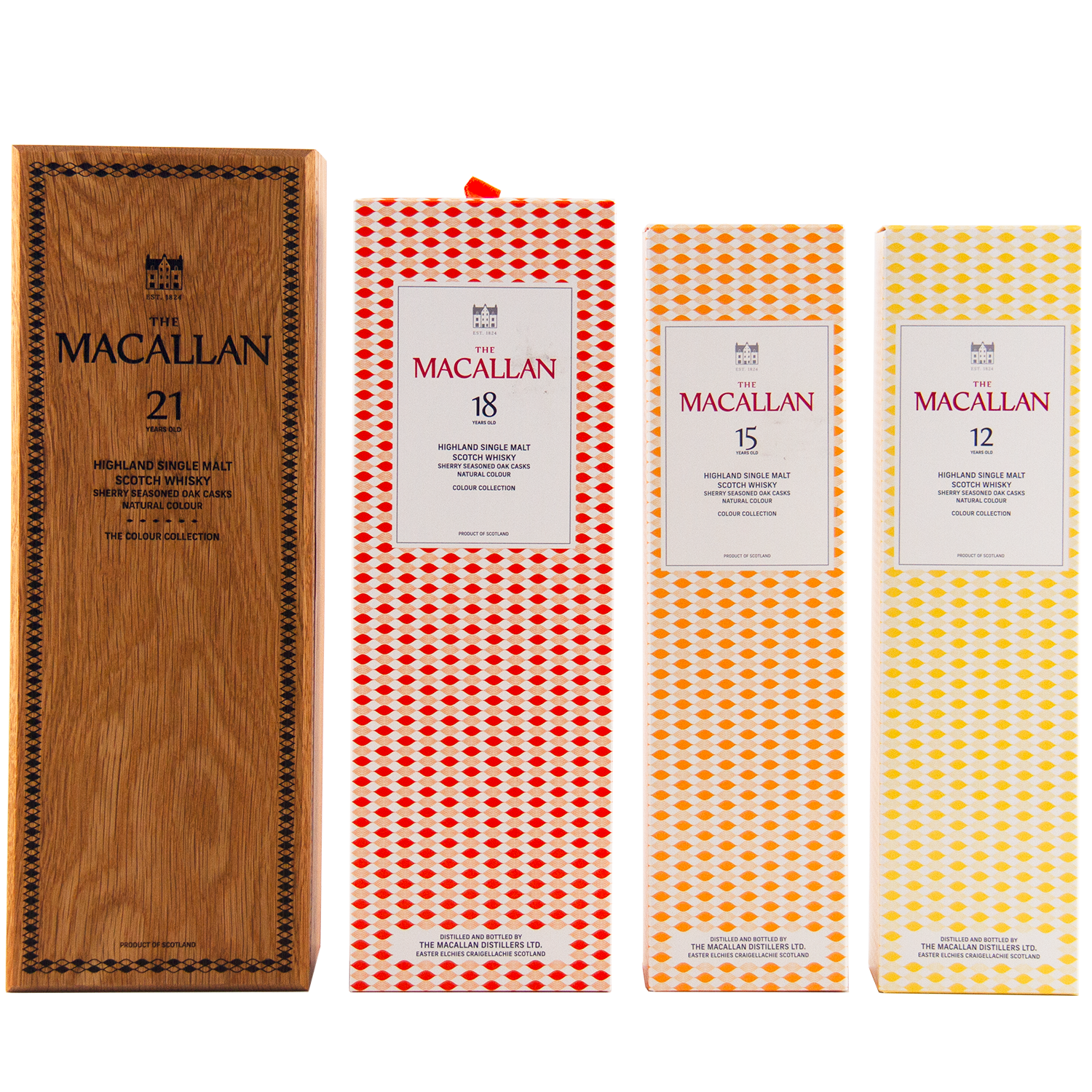 The Macallan Colour Collection 12, 15, 18, and 21 Year Olds: four sherry oak-matured whiskies in collectible boxes with unique branding—21 in wood, plus red (18), orange (15), and yellow (12) patterned designs.