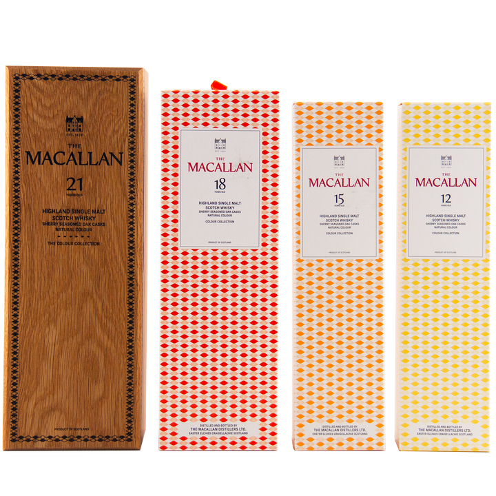 The Macallan Colour Collection 12, 15, 18, and 21 Year Olds: four sherry oak-matured whiskies in collectible boxes with unique branding—21 in wood, plus red (18), orange (15), and yellow (12) patterned designs.