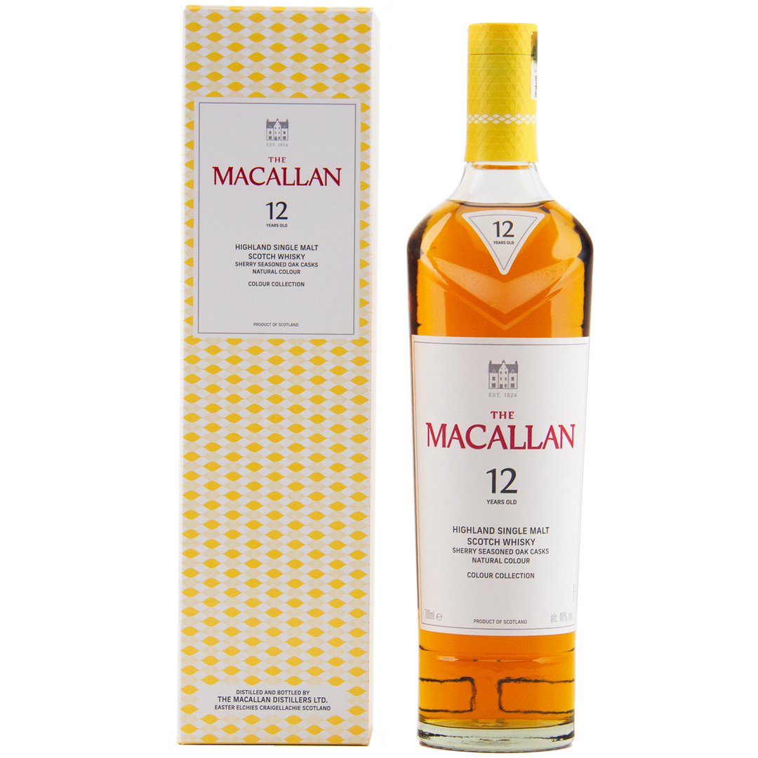 A bottle of The Macallan Colour Collection stands beside its yellow patterned box, highlighting sherry-seasoned oak maturation—an impressive collectible in the 12, 15, 18, and 21 Year Olds range.