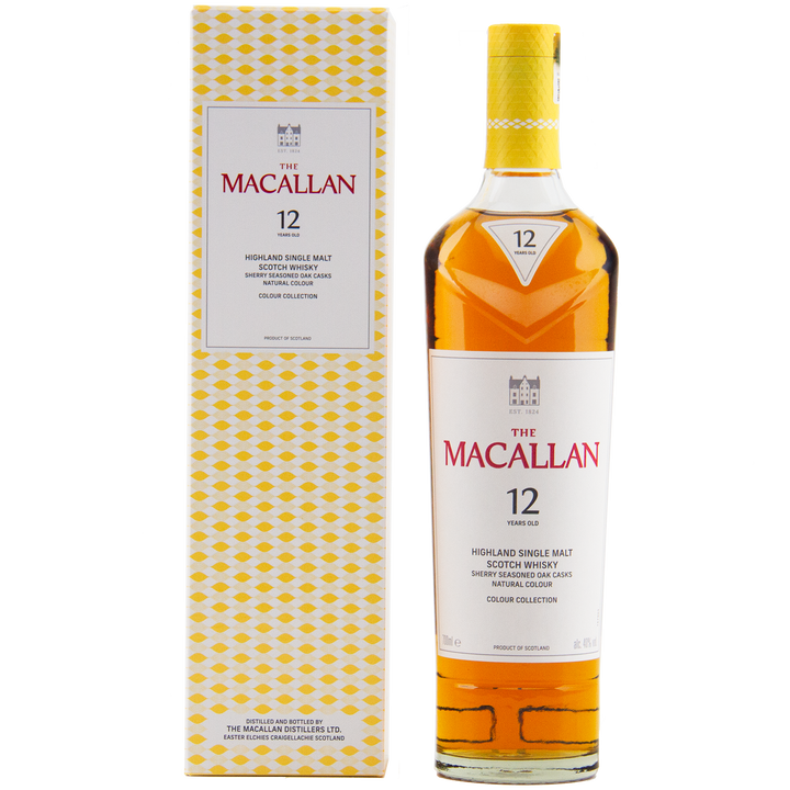 A bottle of The Macallan Colour Collection stands beside its yellow patterned box, highlighting sherry-seasoned oak maturation—an impressive collectible in the 12, 15, 18, and 21 Year Olds range.