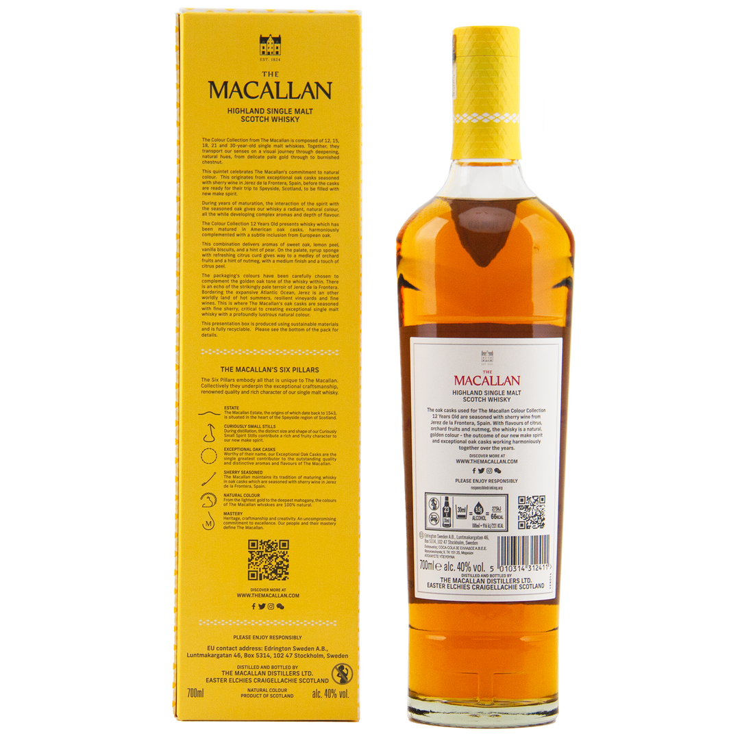 A bottle from The Macallan Colour Collection Set stands beside its tall yellow box, both featuring detailed branding that highlights the set’s sherry-seasoned oak maturation.