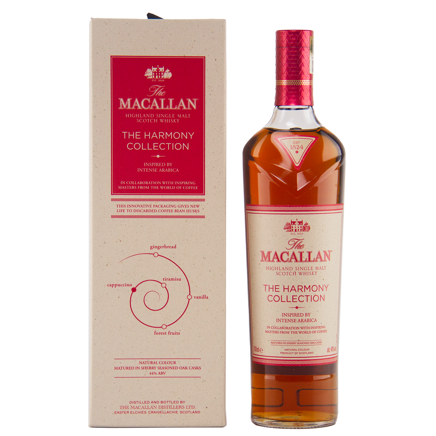 A bottle of The Macallan Harmony Collection Intense Arabica Single Malt Scotch Whisky is displayed beside its beige box, adorned with red and gold accents and text highlighting its coffee-inspired flavors.
