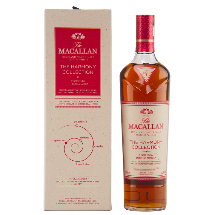 A bottle of The Macallan Harmony Collection Intense Arabica Single Malt Scotch Whisky is displayed beside its beige box, adorned with red and gold accents and text highlighting its coffee-inspired flavors.