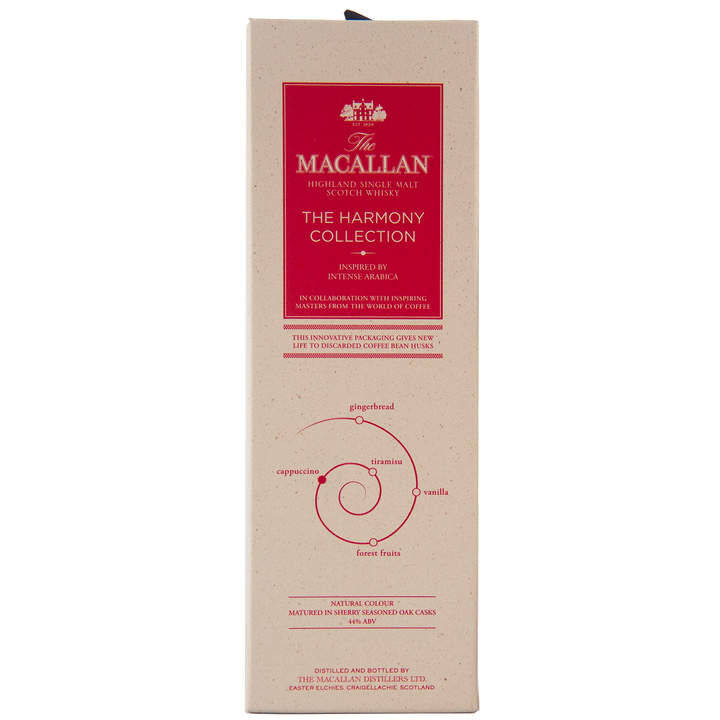 A beige box of The Macallan Harmony Collection Intense Arabica Single Malt Scotch Whisky features red text, a spiral diagram listing gingerbread, espresso, cinnamon, vanilla, and fresh fruit flavors, and emphasizes coffee-inspired tasting notes.