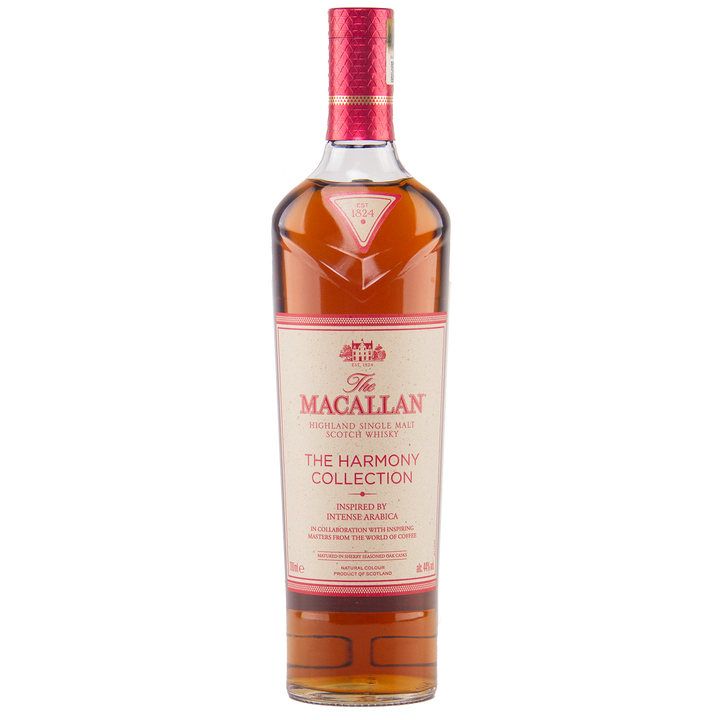 A bottle of The Macallan Harmony Collection Intense Arabica Single Malt Scotch Whisky, coffee-inspired, with a cream and red label, gold accents, a red foil cap, and amber-colored whisky inside.
