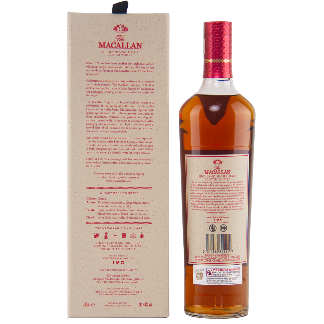 A box and bottle of The Macallan Harmony Collection Intense Arabica Single Malt Scotch Whisky are displayed side by side. The box highlights coffee-inspired notes, while the bottle has a red cap and label featuring text and logos.