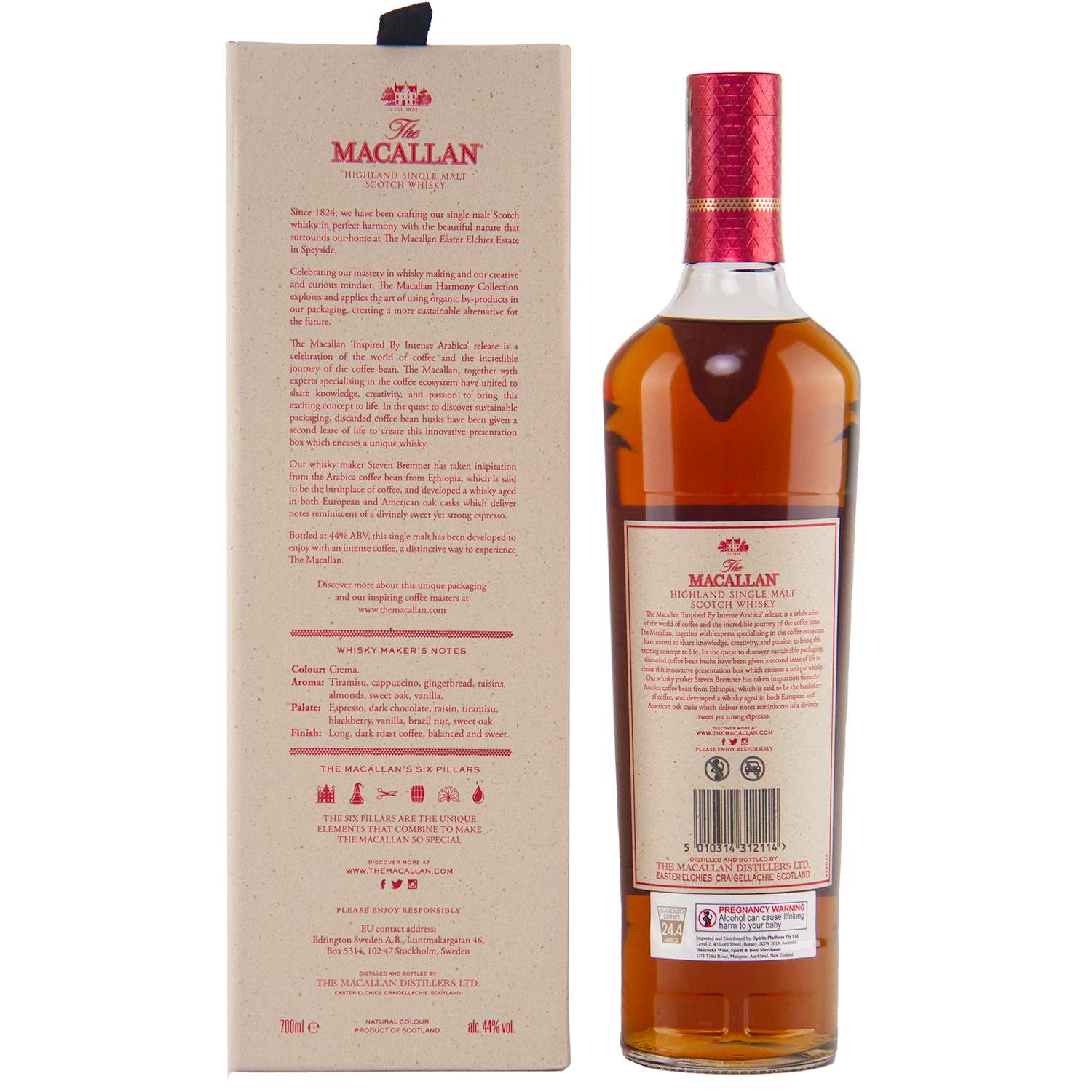 A box and bottle of The Macallan Harmony Collection Intense Arabica Single Malt Scotch Whisky are displayed side by side. The box highlights coffee-inspired notes, while the bottle has a red cap and label featuring text and logos.