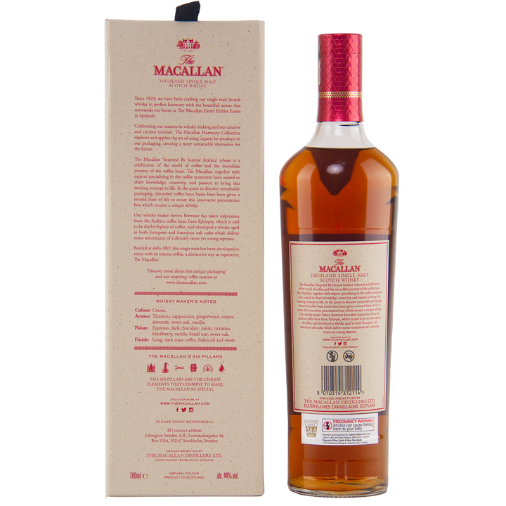 A box and bottle of The Macallan Harmony Collection Intense Arabica Single Malt Scotch Whisky are displayed side by side. The box highlights coffee-inspired notes, while the bottle has a red cap and label featuring text and logos.