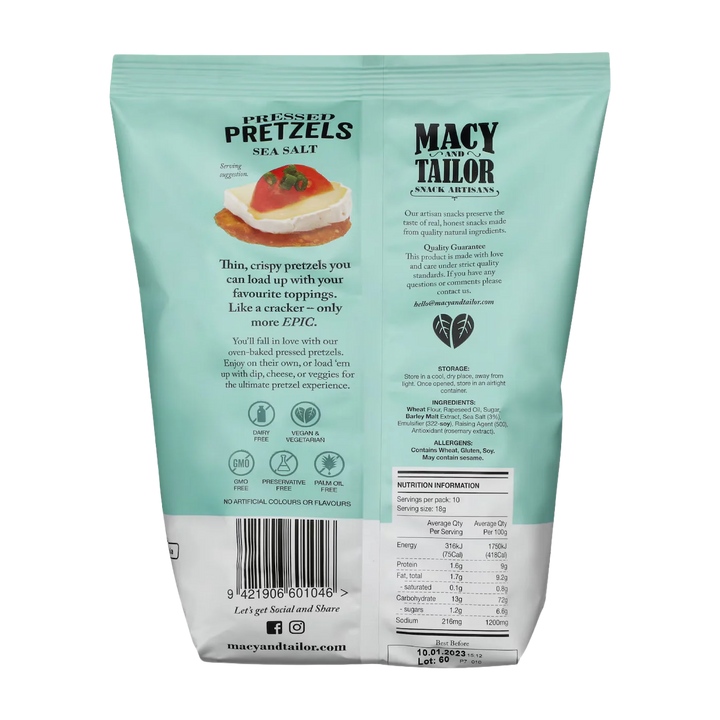 The teal bag of Macy and Tailor Pressed Pretzels Sea Salt features natural ingredients, nutrition facts, serving suggestions, and allergy warnings in bold black and white text.
