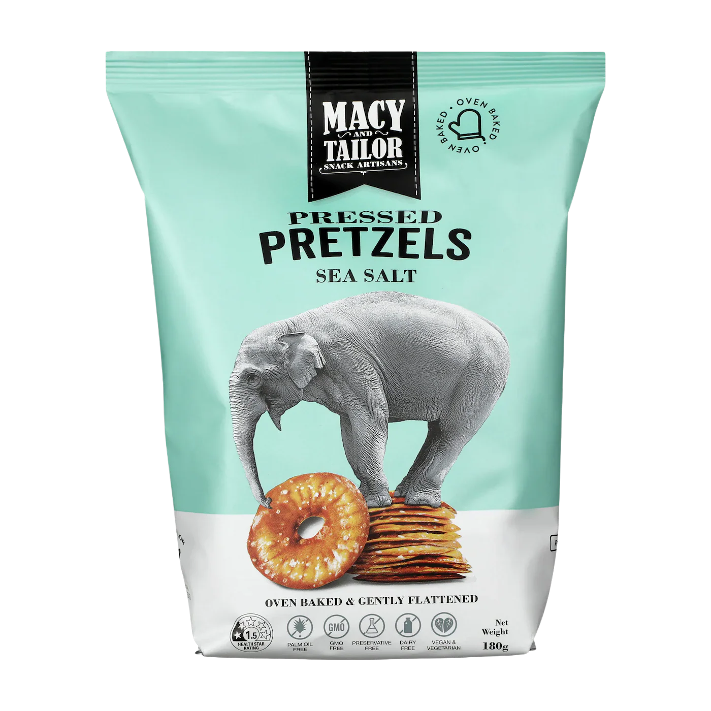 A light blue and white bag of Macy and Tailor Pressed Pretzels Sea Salt, made with natural ingredients, features an elephant standing on pretzels and displays product details and icons at the bottom.
