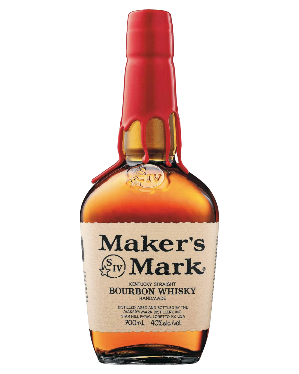A bottle of Maker's Mark Kentucky Straight Bourbon Whisky with a red wax-sealed cap and a cream-colored label, shown on a plain white background.