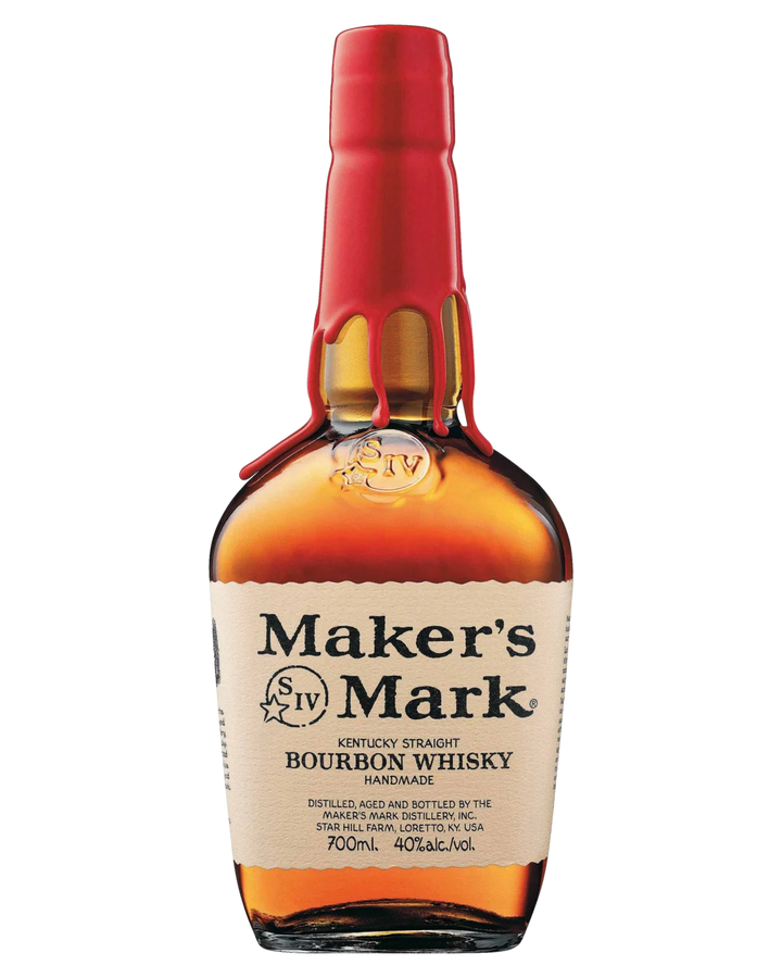 A bottle of Maker's Mark Kentucky Straight Bourbon Whisky with a red wax-sealed cap and a cream-colored label, shown on a plain white background.