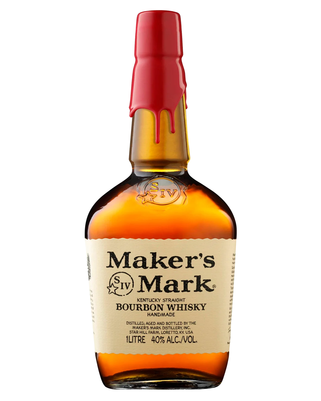 A 1-litre bottle of Maker's Mark Kentucky Straight Bourbon Whisky, featuring amber liquid, a cream-colored label, and a red wax-sealed neck with a red foil top, isolated on a white background.