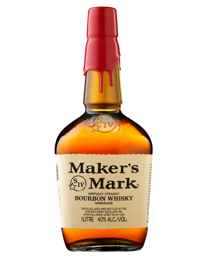 A 1-litre bottle of Maker's Mark Kentucky Straight Bourbon Whisky, featuring amber liquid, a cream-colored label, and a red wax-sealed neck with a red foil top, isolated on a white background.