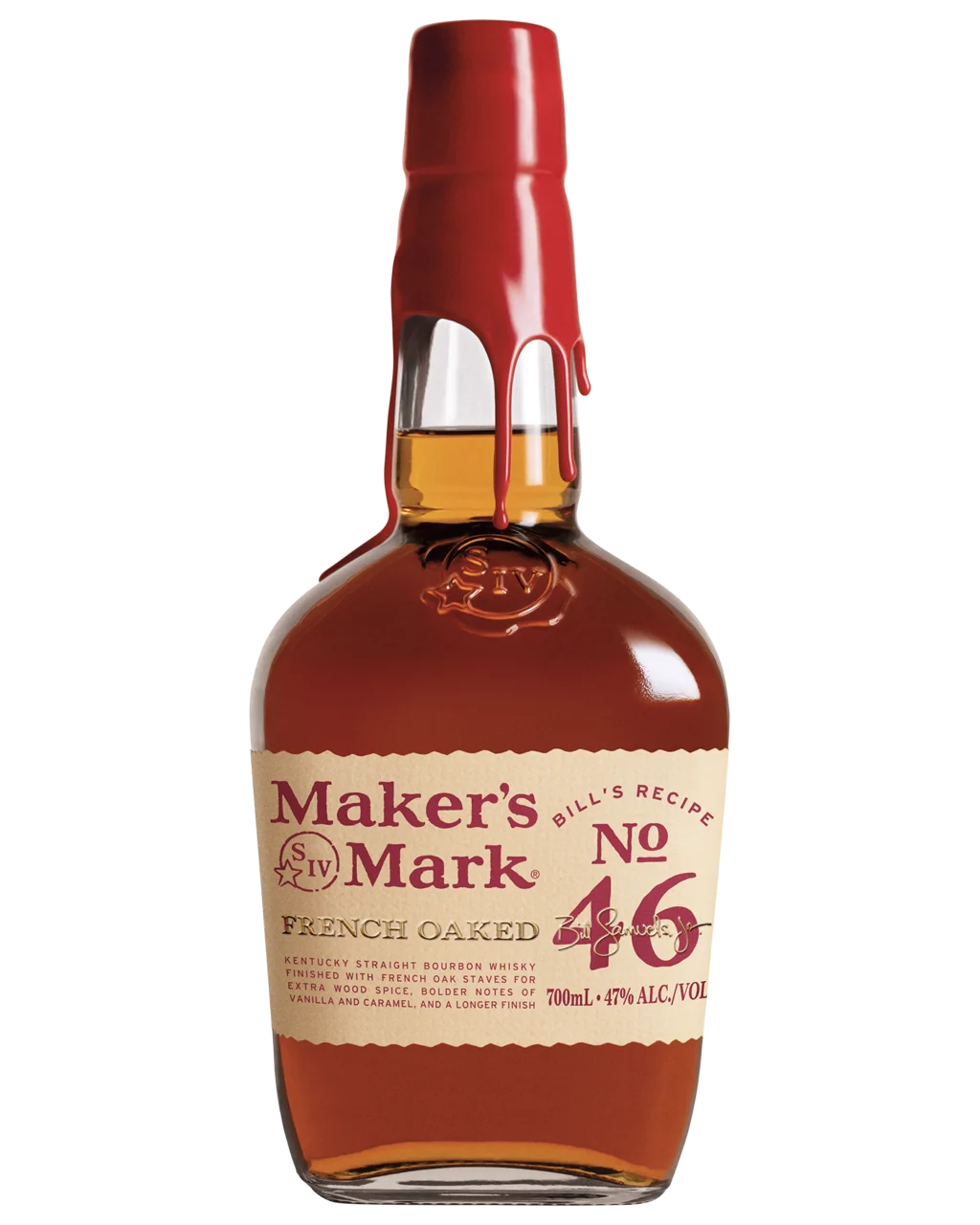 A bottle of Maker's Mark No. 46 French Oaked Straight Bourbon Whiskey against a solid white background.