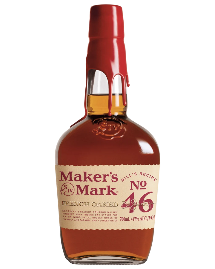 A bottle of Maker's Mark No. 46 French Oaked Straight Bourbon Whiskey against a solid white background.