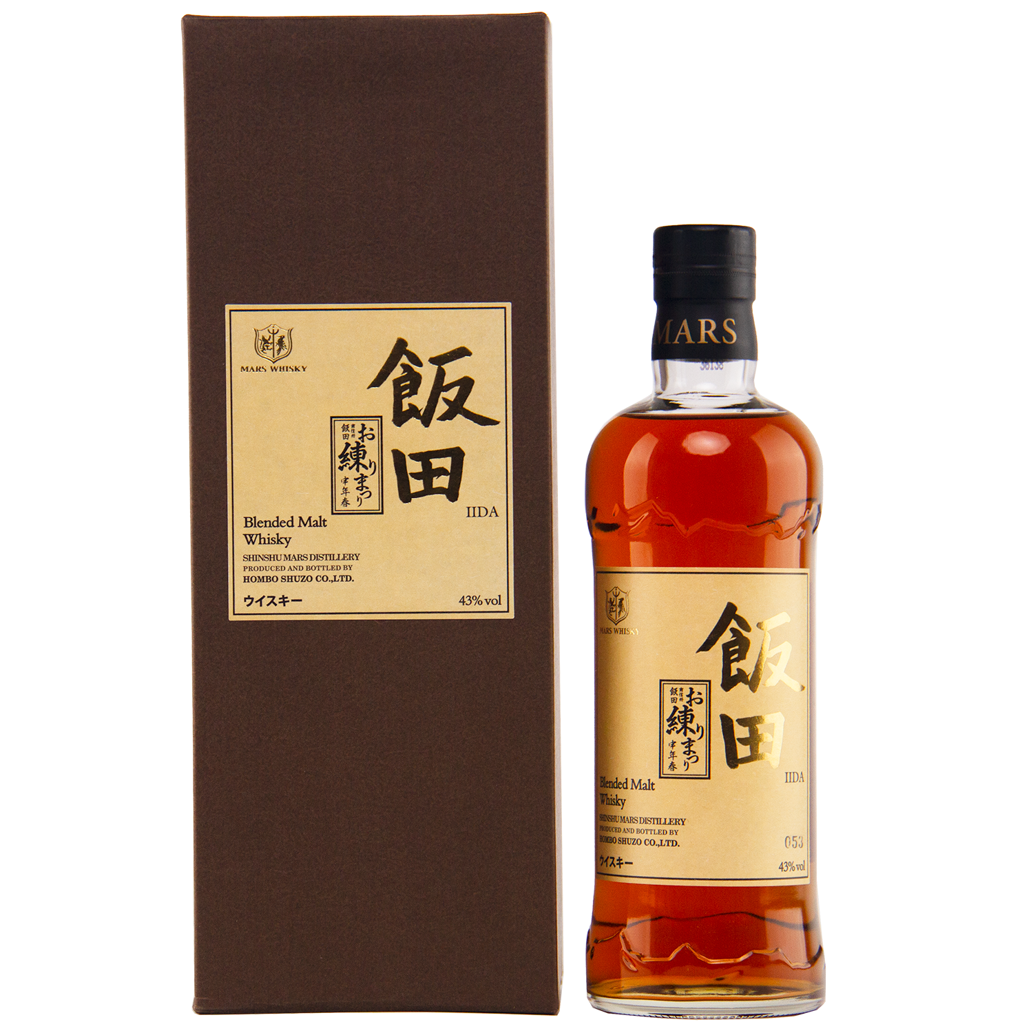 A bottle of Mars Blended Malty Whisky in a brown box, both featuring gold labels with Japanese and English text and the Mars Distillery logo. Collectible Japanese whisky presentation.