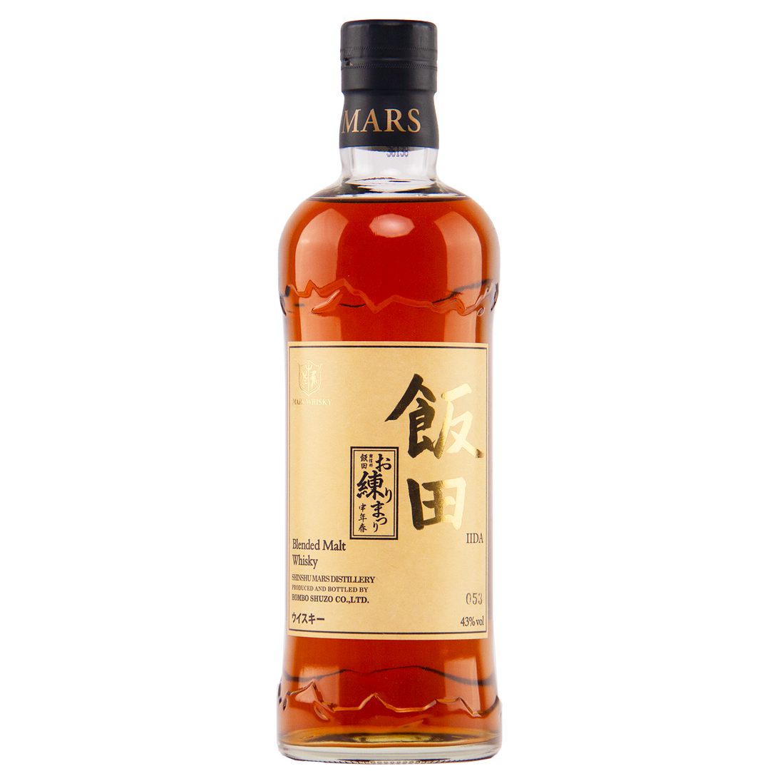 A bottle of Mars Blended Malty Whisky with a gold label showing black and red Japanese and English text, topped by a black cap. The collectible whisky from Mars Distillery is amber in color.