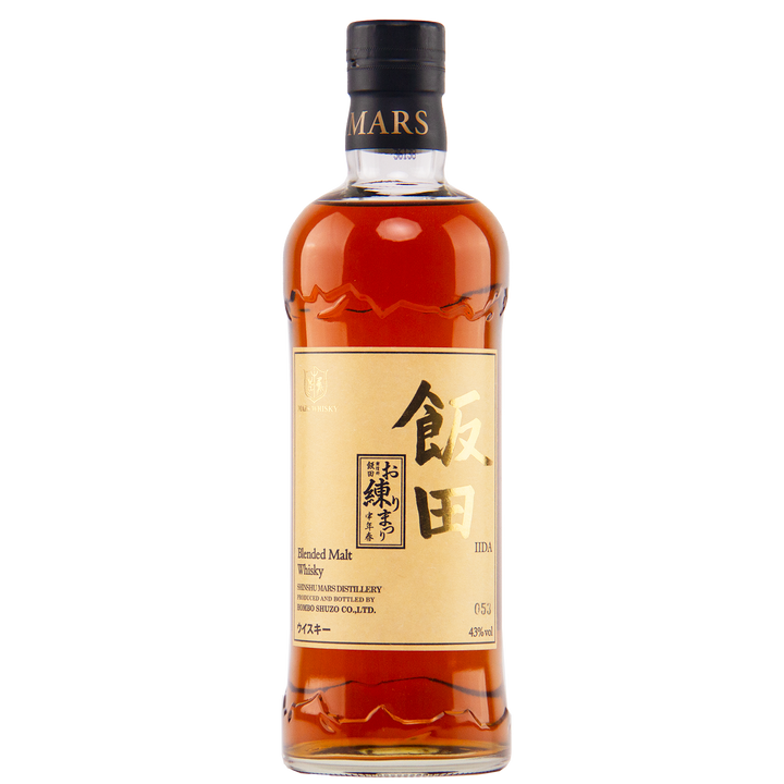A bottle of Mars Blended Malty Whisky with a gold label showing black and red Japanese and English text, topped by a black cap. The collectible whisky from Mars Distillery is amber in color.