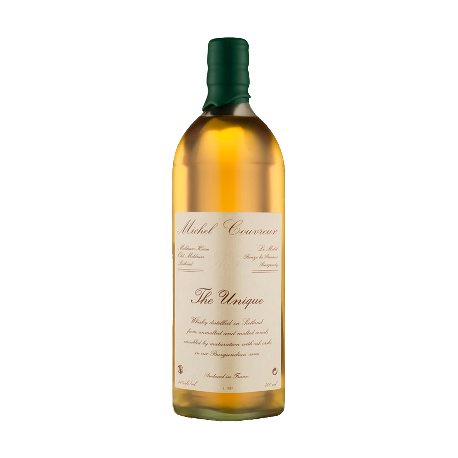 A bottle of Michel Couvreur The Unique French Whisky with a green wax seal and a cream label featuring gold and brown text stands upright on a plain white background.