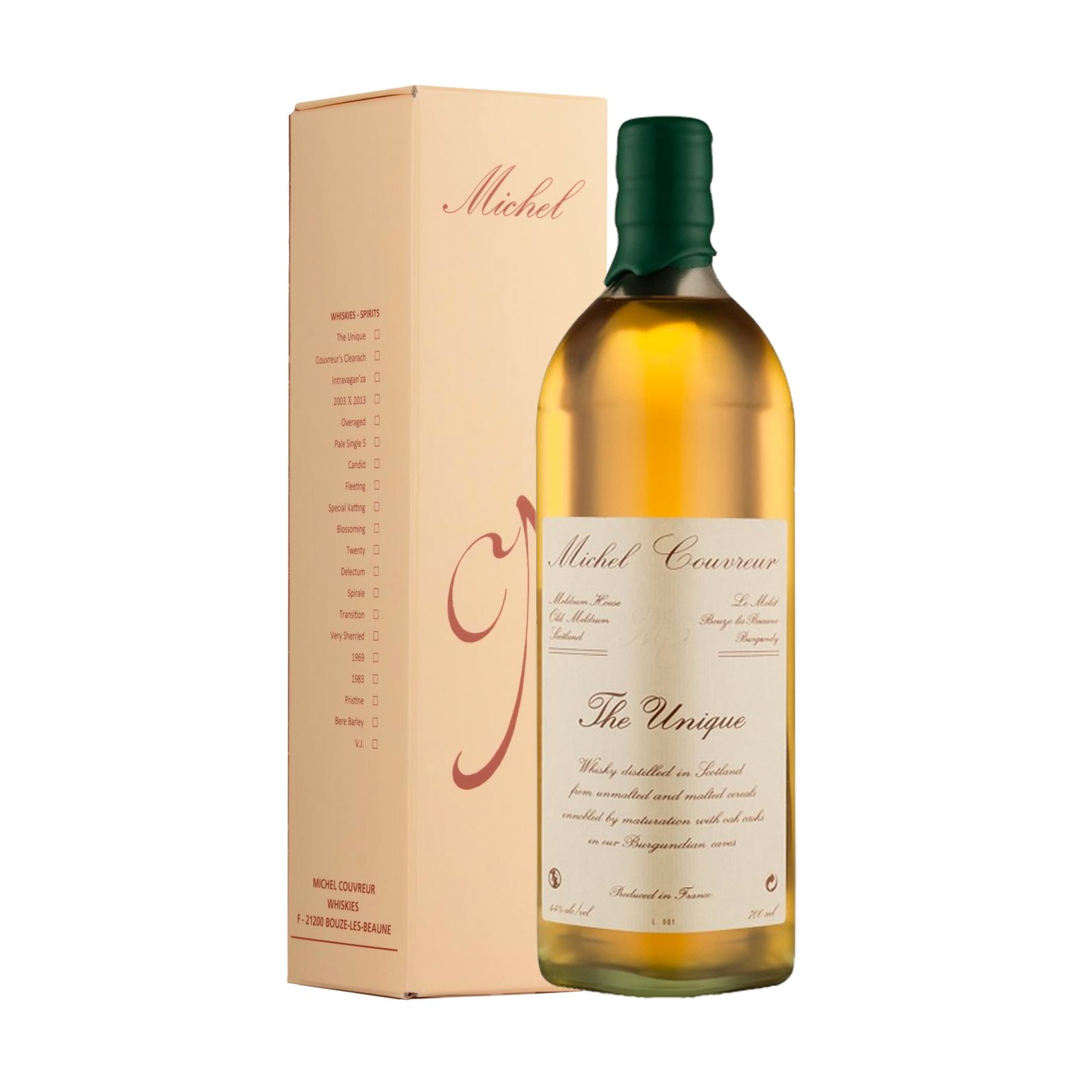 A bottle of Michel Couvreur The Unique French Whisky stands before its light beige box, both with elegant cursive text and a minimalist design. The clear amber spirit in the bottle is topped with a green cap.