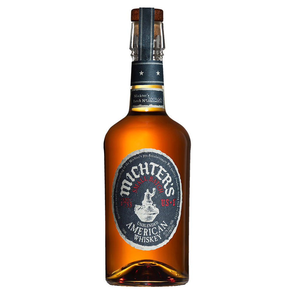 A bottle of Michter's US*1 American Whiskey, featuring a dark glass body, black and silver label, and cork stopper, is displayed against a white background.
