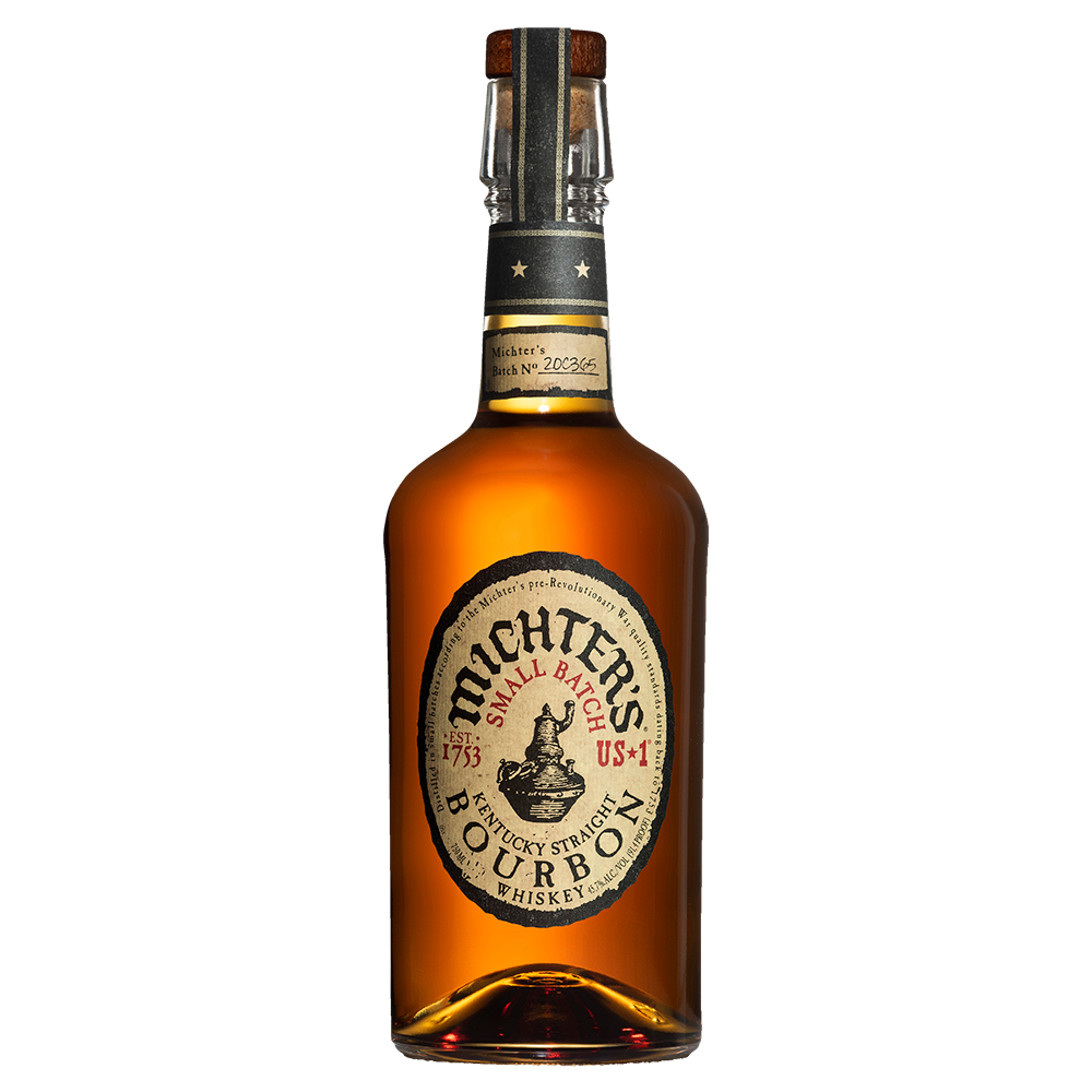 A bottle of Michter's US*1 Kentucky Straight Bourbon Whiskey, featuring a tan label with black and gold accents and a cork stopper, is displayed against a white background, highlighting this celebrated small-batch bourbon.